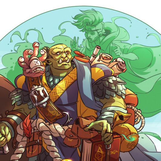 Drawing of a half-orc character carrying a large shield and bags of books and scrolls. He has a multi-eyed critter sitting on his shoulder and a ghost monk hovering over his other shoulder. She looks to be advising him on something.