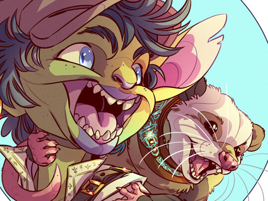 Drawing of a little green goblin. He's wearing a newsboy cap and has a large gold hoop through one ear. An opossum is perched across his shoulders and is wearing a magic collar. Both characters are smiling.