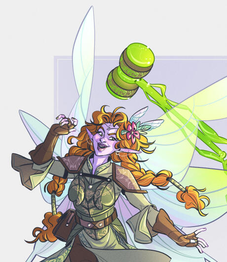 Drawing of a fairy character wearing leather armor and a long tunic. Both are decorated with delicate vines and leaves and flower designs. She has three sets of wings, long red hair in big braids and a glowing magical mallet behind her.