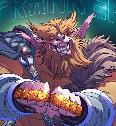 Drawing of a bugbear from Dungeons and Dragons. He's huge, muscly, and very furry. He's got small gold eyes and large pointed furry ears. He's smiling with a mouthful of sharp teeth. He's wearing hides and a single leather pauldron. He's showing both fists