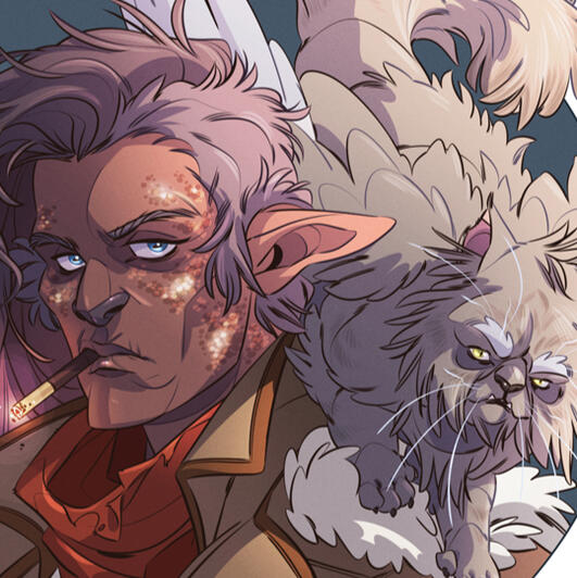 Drawing of a character wearing a tattered jacket and scarf. They have long ears and are smoking a cigarette. A winged cat is on their shoulder. He's very old with long scraggly hair.