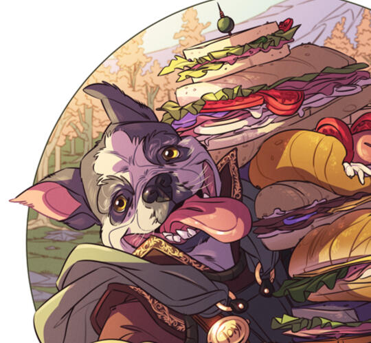 Drawing of a dog character in adventuring gear, holding a large stack of different kinds of sandwiches.