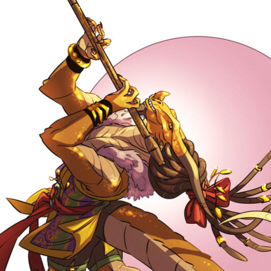 Drawing of a gold humanoid dragon character holding a long flute and wearing a fur lined tunic.