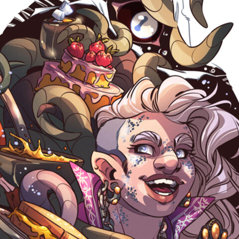 Drawing of a halfling surrounded by writhing tentacles and food stuff. She's smiling and looking in the direction of the eldritch creature tearing the drawing's border.