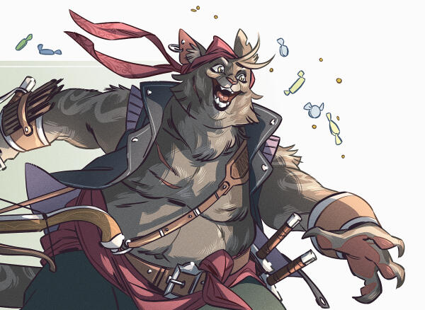 Drawing of a humanoid cat character. He's wearing a red sash and bandana. He has a handbow and two daggers attached to belts around his waist and chest. He's holding a rapier. He's wearing an open vest and baggy pants. He's leaping with his sword drawn. Th