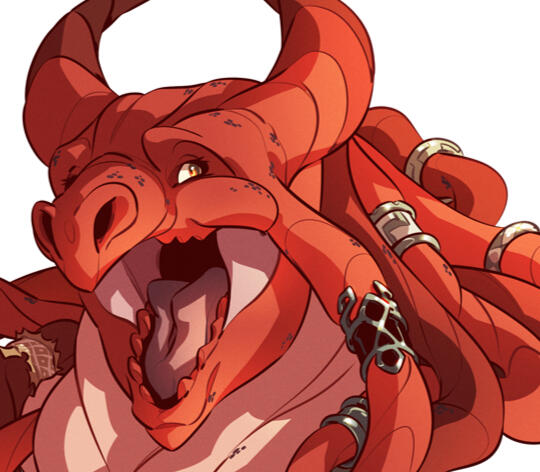 Drawing of a red dragon character. She has two twin curling inward horns and several dangling tendrils resembling hair. She's wearing silver and gold jewelry. She has gold eyes and is smiling.