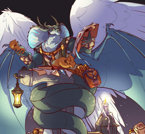 Drawing of a four-winged naga character coiled around a ruined arch. He's holding an open book and is surrounded by bags of treasure and scrolls.